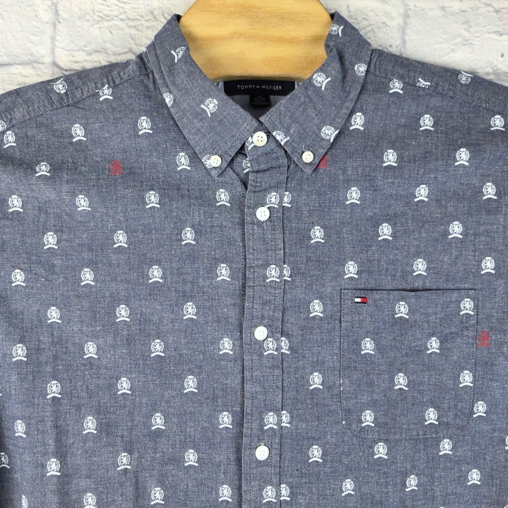 Tommy Hilfiger Men Blue Crest All Over Print Stretch Long Sleeve Button Shirt XL
